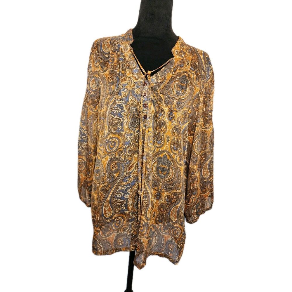 Apt. 9 Women's Paisley Print Sheer Top Size L Long Sleeve Layering boho Loosefit
